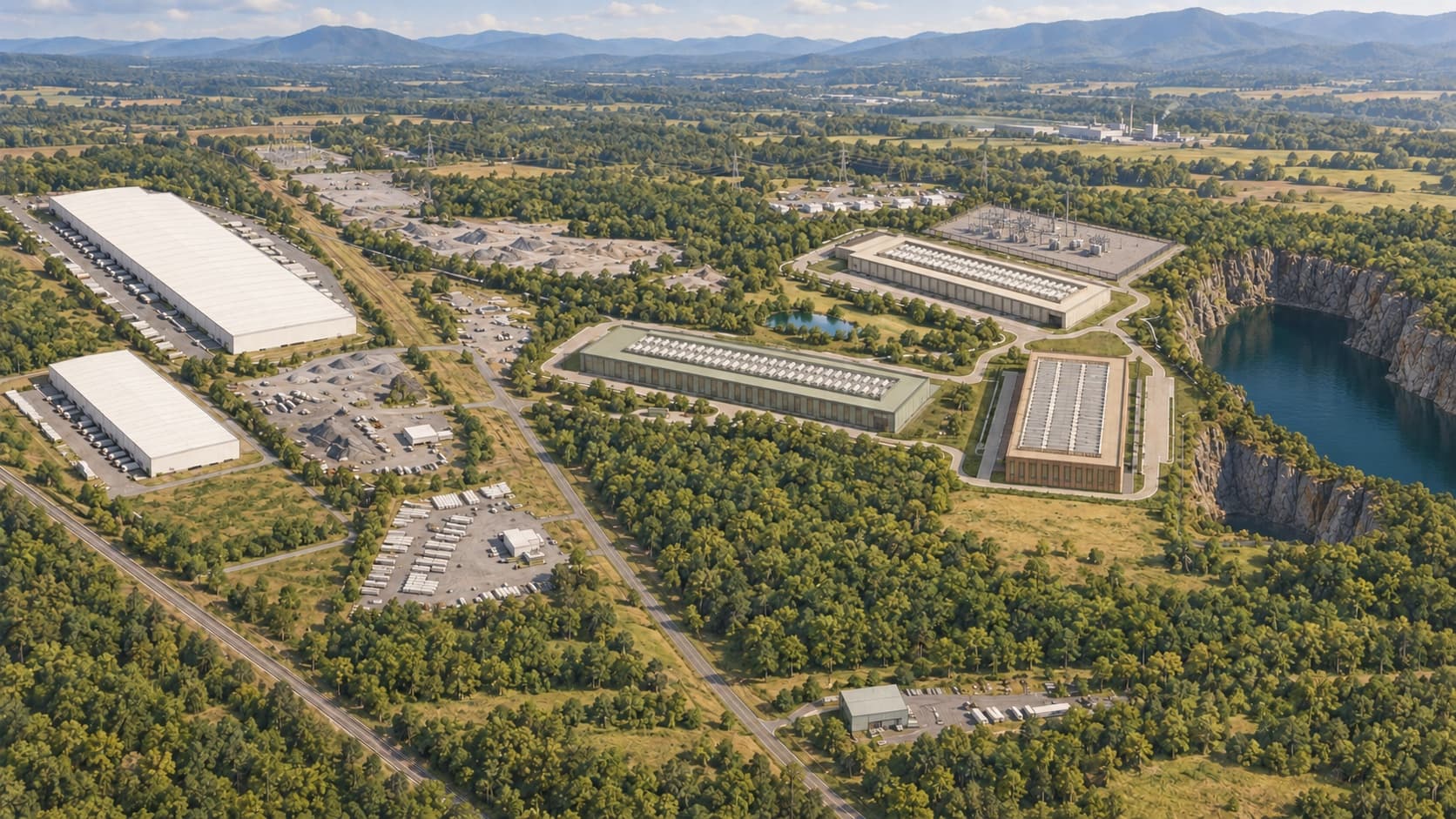 An aerial view across a wooded valley toward the Blue Ridge. Four long low-rise buildings stand in separate clearings within heavy tree cover: two white-roofed warehouses with loading bays and parked trailers beside a highway, a green-roofed building with rooftop equipment next to a small pond, and a brown-roofed building beside an electrical substation and its transmission towers. A flooded rock quarry with steep grey walls and deep blue water sits at the right edge, farmland and an existing industrial plant in the distance.