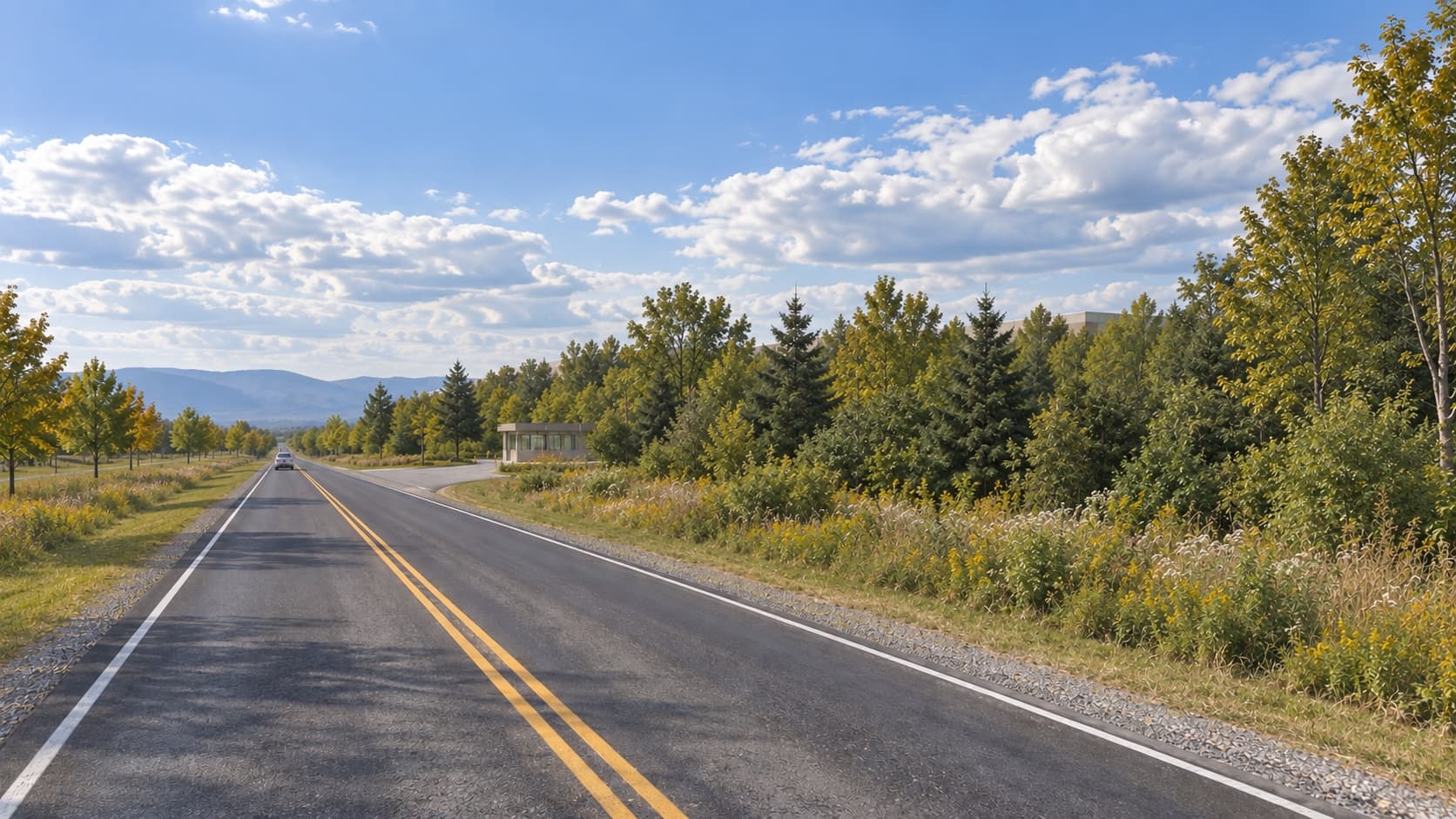 A two-lane road with a double yellow centre line running toward distant blue mountains, one car approaching in the far lane. A paved drive turns off to the right to a small single-storey gatehouse set among dense evergreens and hardwoods, with the pale edge of a building roof just visible above the tree line behind it. Goldenrod and tall grasses grow along both shoulders.